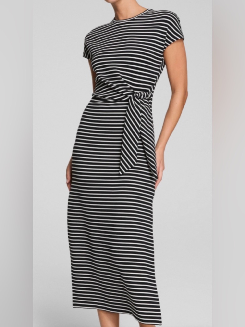 Spanx Air Essentials Black and White Striped Tie-Waist Maxi Dress